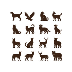 Set of brown silhouette icons of cats and dogs in different poses, domestic animal illustration vector perfect for pet shop, veterinary clinic, pet lover designs, and animal graphics decorations
