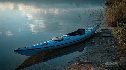 kayak. A kayak rests on the shoreline, reflecting calm blue waters in a serene natural setting. tourism brochures, itinerary planners, designed for travel destination branding.