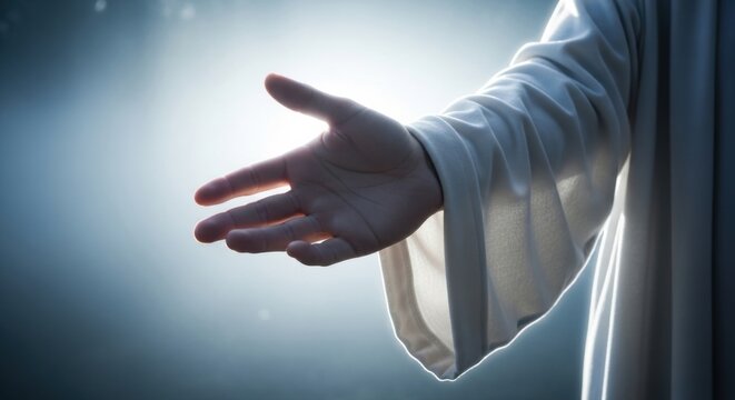 Hand of Jesus Christ reaching out. Belief religion, spirituality concept. Give and help symbol.