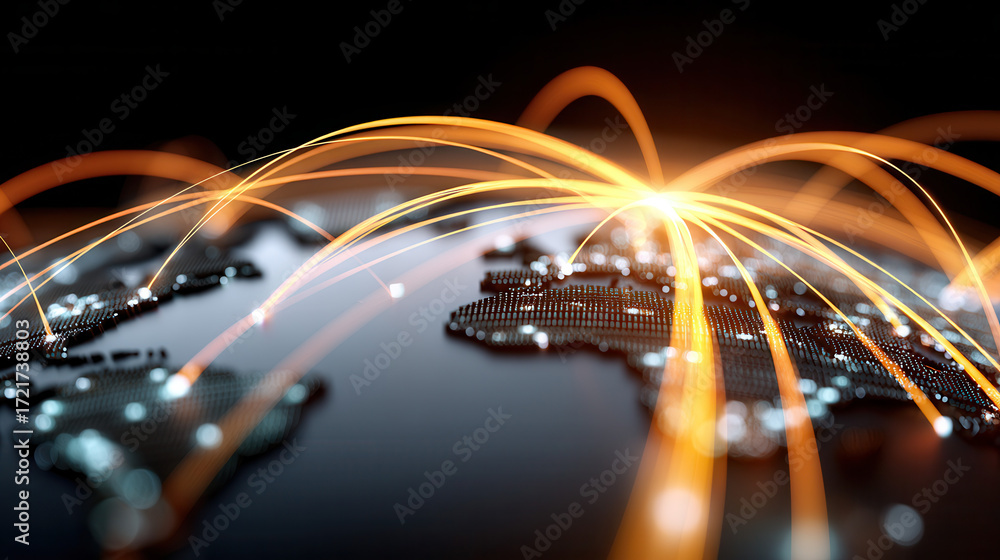 Poster global network connections with glowing orange arcs over digital world map, symbolizing fast data tr