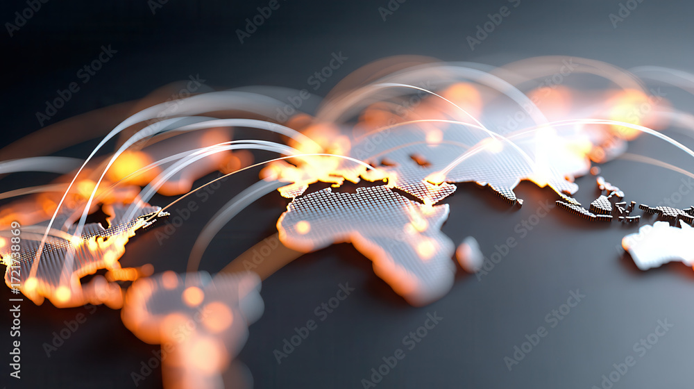Poster global network connection concept with illuminated world map and glowing lines showing data transfer