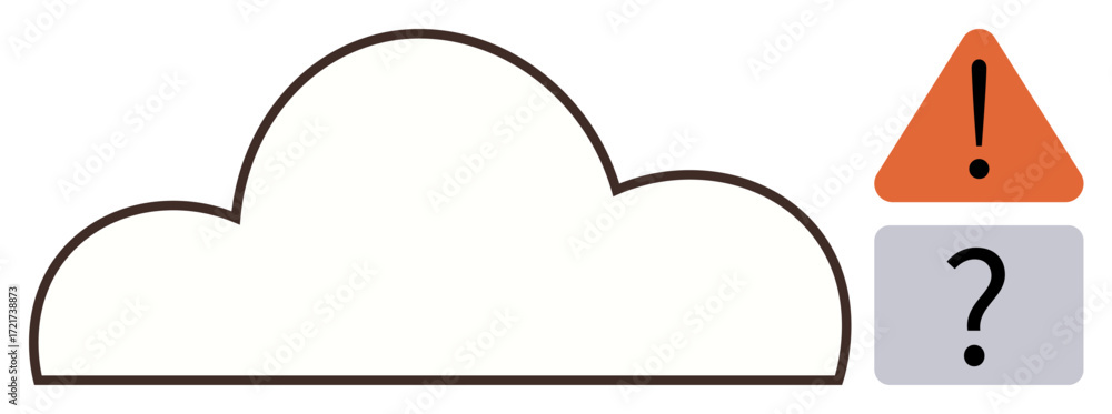 Poster large outlined cloud next to orange caution sign and gray block with a question mark. ideal for data