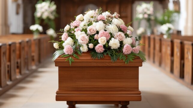 Beautifully arranged floral tribute on a wooden casket in a serene church setting, conveying feelings of remembrance and respect during a memorial service