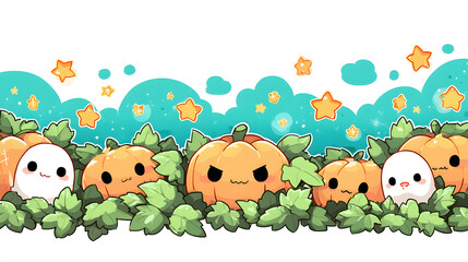 Fototapeta premium Cute and playful Halloween seamless border with adorable pumpkins, ghosts, and stars, charming holiday header for banners and websites