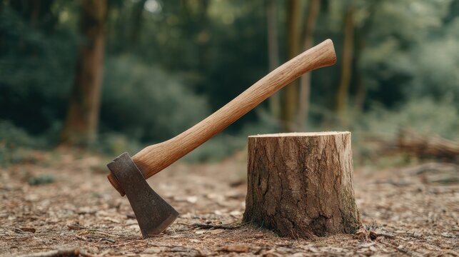 An Axe Resting on a Wooden Stump in a Lush Green Forest Surrounded by Nature's Beauty and Tranquility