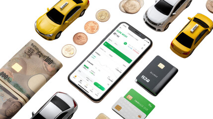 Mobile Payment for Taxi: A modern mobile phone with a taxi app interface, surrounded by miniature taxi models, real currency, and credit cards, representing easy transaction on the go.