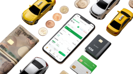 Mobile Payment for Taxi: A modern mobile phone with a taxi app interface, surrounded by miniature taxi models, real currency, and credit cards, representing easy transaction on the go.