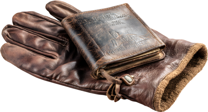 Vintage worn leather wallet resting on brown leather glove, symbolizing rugged style and classic men's accessories