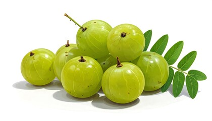 A cluster of vibrant, light green gooseberries with fresh leaves, displayed against a plain white backdrop.
