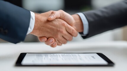 Closeup of hands exchanging digital contracts on a tablet emphasizing secure ecommerce partnership and online transactional trust.