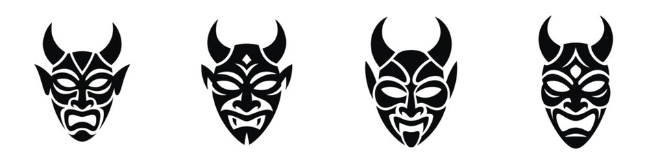 Halloween Demon Mask Silhouette Vector – Scary Horned Devil Face Icon Set, Evil Monster Illustration, Spooky Gothic Horror Mask Artwork, Creepy Haunted Symbol for Dark October Decorations