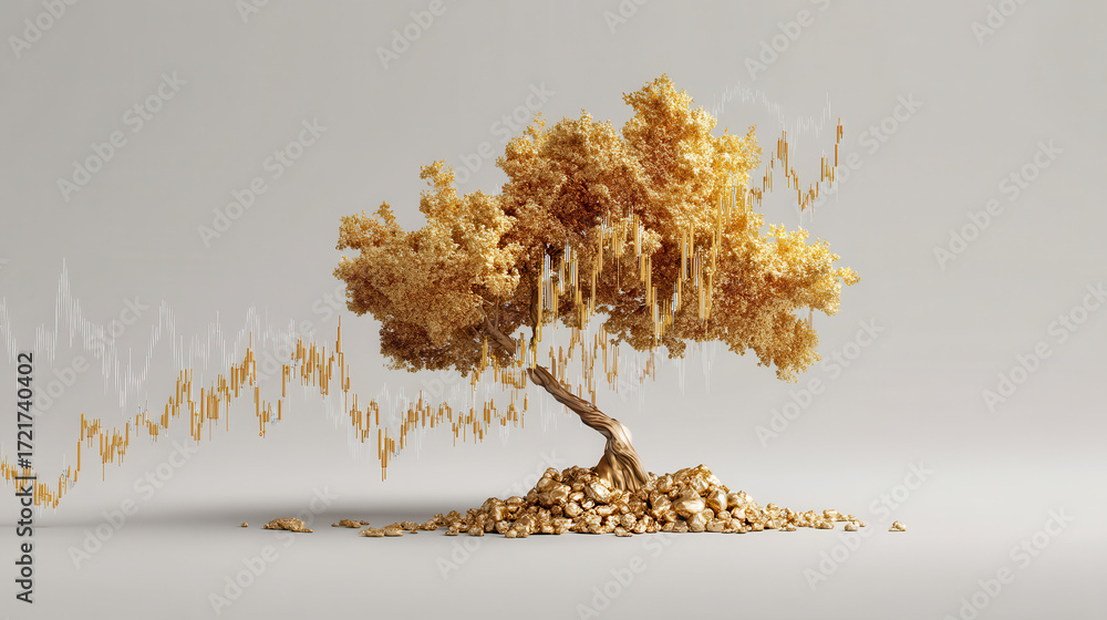 Aufkleber golden tree with coins at base and financial graph lines symbolizing wealth growth and prosperity in
