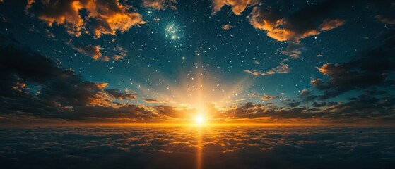 Stunning sunrise above cloud layer with starry sky