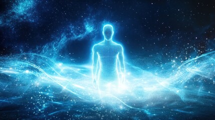 Naklejka premium Humanoid Figure Emanating Light in a Starry Galaxy Background