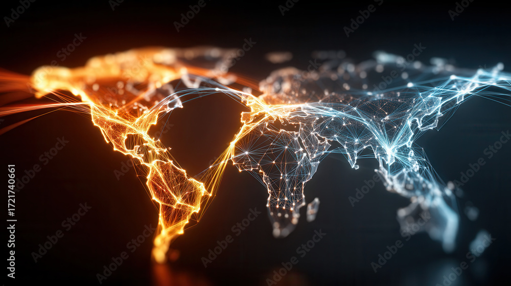 Poster global network connection map with glowing orange and blue lines representing data flow and communic