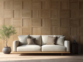 A minimalist living room features a light beige sofa with neutral-toned pillows, positioned before a wall with a gridded wood panel design. Sunlight streams in, illuminating the wooden floor