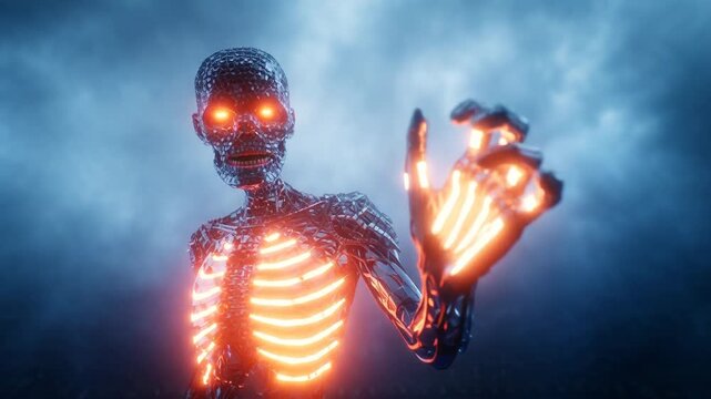 Glowing skeleton with outstretched hand dramatic sky