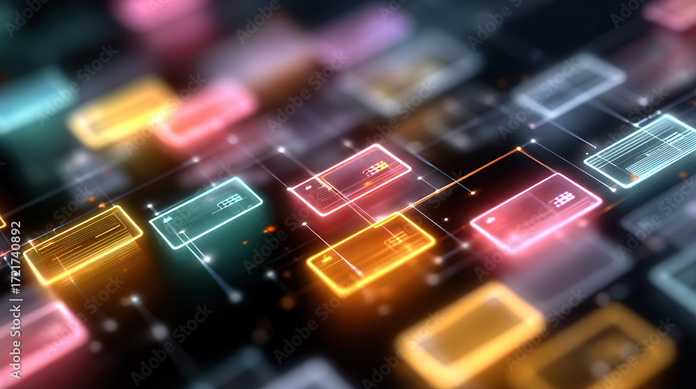 Poster digital network connection with glowing colorful data blocks and lines representing technology and c