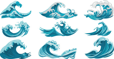 Fototapeta premium Vector art of collection of nine blue sea waves with white foam