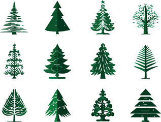 Obraz premium Vector art of set of twelve green christmas trees in different styles