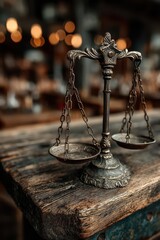 Vintage scales of justice on a rustic wooden table with warm lighting