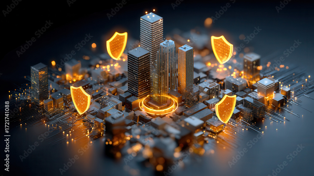 Poster cybersecurity concept with glowing shield icons protecting futuristic cityscape model with digital c