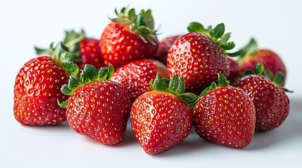 Pile of Fresh, Vibrant Red Strawberries with Green Stems on White Background