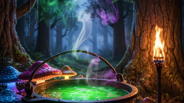 A witch's cauldron bubbles with a glowing green potion in a dark forest. Magical scene with colorful smoke and glowing mushrooms. Halloween witchcraft and fantasy concept.