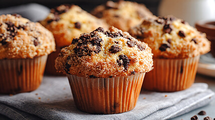Chocolate chip muffins with crumbs are arranged on a soft gray cloth, illuminated by cozy warm light, creating an inviting and delicious atmosphere for dessert lovers