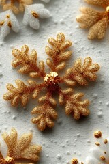 Golden snowflakes on white fabric background with intricate festive patterns