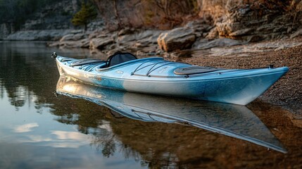 kayak. A kayak rests on the shoreline, reflecting calm blue waters in a serene natural setting. tourism brochures, itinerary planners, designed for travel destination branding.