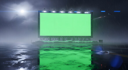 A massive digital billboard with a vibrant green screen display stands prominently in a dark, atmospheric, and foggy environment, illuminated by a strong light source.