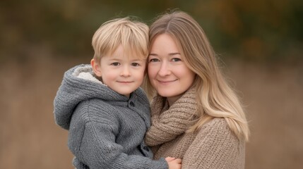 Warm affectionate moment between mother and young son in cozy outdoor setting with soft focus background showcasing love and connection in natural light.