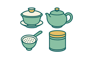 Collection of essential tea ceremony elements featuring a classic teapot, lidded cup, strainer, and storage container