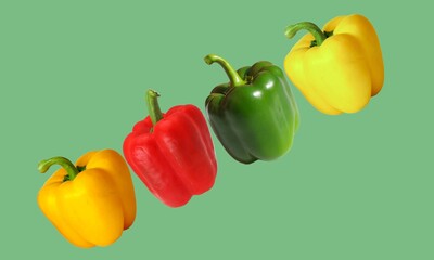 Set of Colorful Whole Bulgarian Pepper Orange, Red, Green, and Yellow on Green Background Top View. Premium Colorful Bell Peppers Mix Isolated