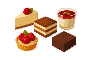 A collection of delicious desserts including cheesecake, tiramisu, panna cotta, raspberry tart, and brownie squares