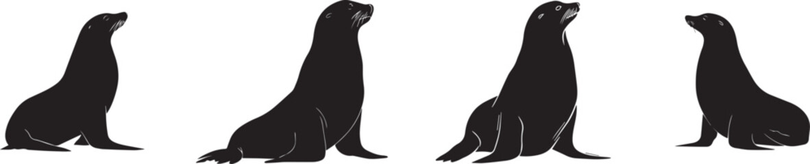 Vector art of four sea lions in black ink illustration