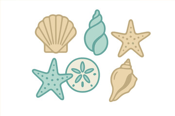 Stylized collection of seashells, starfish, and sand dollar from ocean floor for summer beach themes
