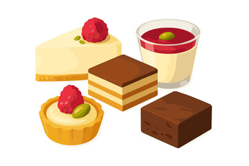 Delicious assortment of sweet desserts and pastries including cheesecake tart brownie and panna cotta with raspberry and pistachio toppings