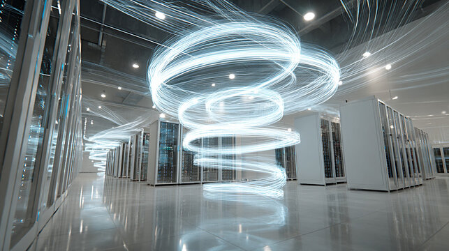 Data center interior featuring swirling abstract binary patterns, illuminated by soft lighting, showcasing modern technology and innovative design elements in a high-tech environment