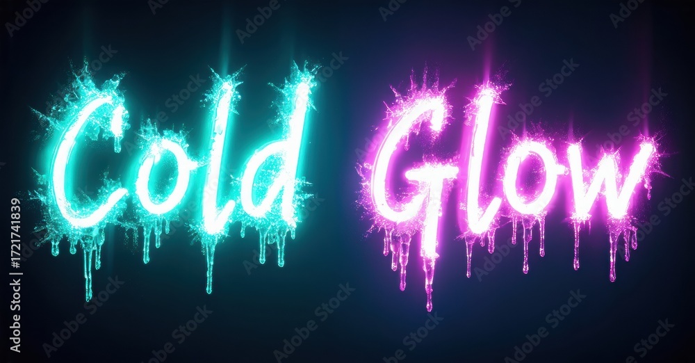 Poster bright text displays cold glow. cyan, magenta hues dominate design. dripping effect adds dynamic vis