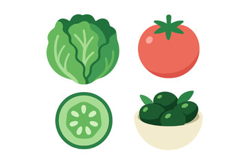 Vibrant fresh green lettuce, ripe red tomato, crisp cucumber slice, and a small bowl of green olives, a healthy food collection