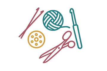 Essential handicraft supplies assortment featuring knitting needles yarn scissors and crochet hook for creative handmade projects