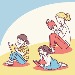 Three people reading books together in an outdoor setting on a sunny day with a blue sky background