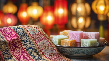 kuih. Traditional batik scarf with intricate patterns draped over colorful kuih desserts, celebrating Malaysia Day. event programs.