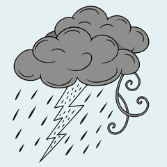 A cartoon image depicting a gray cloud with rain, a lightning bolt, and swirling wind elements present