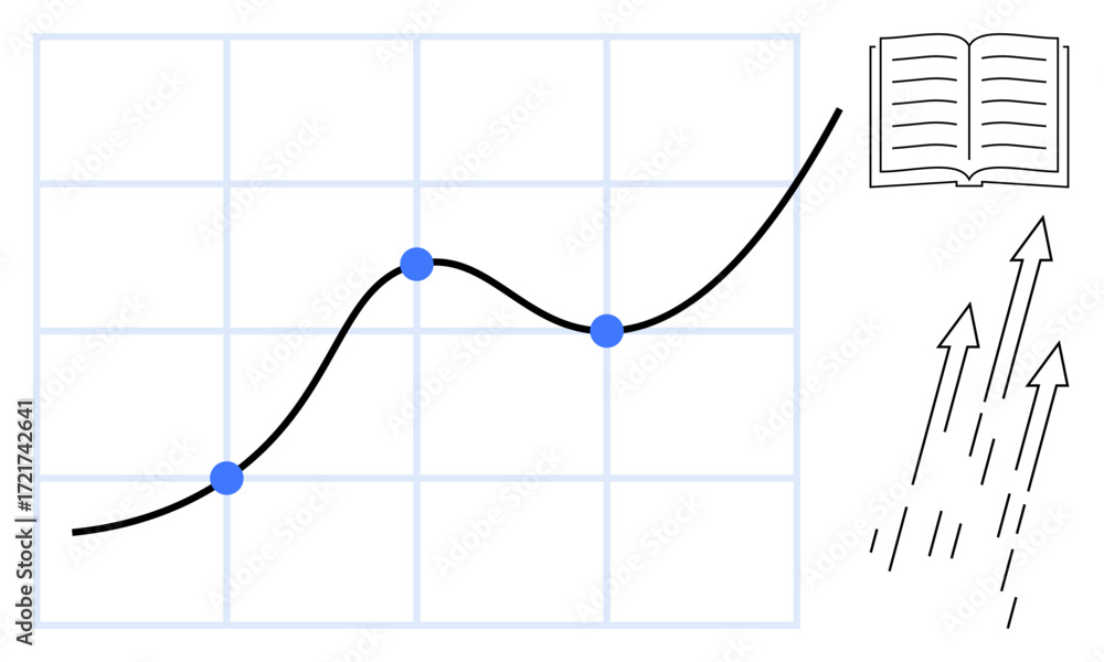 Aufkleber line graph with data points showing upward trend, open book symbolizing knowledge, arrows for progre