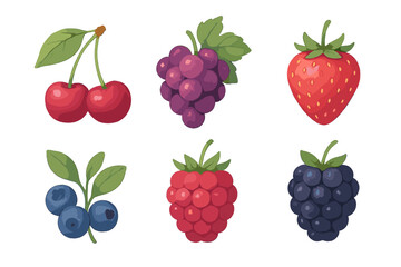 Collection of fresh ripe berries including cherries grapes strawberries blueberries raspberries and blackberries