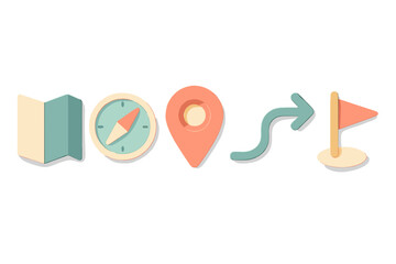 Essential navigation symbols for travel and exploration: folded map, compass, pinpoint, winding path, and finish flag