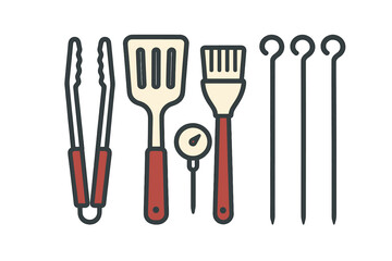 Essential barbecue grilling tools set including tongs spatula brush thermometer and skewers for outdoor cooking